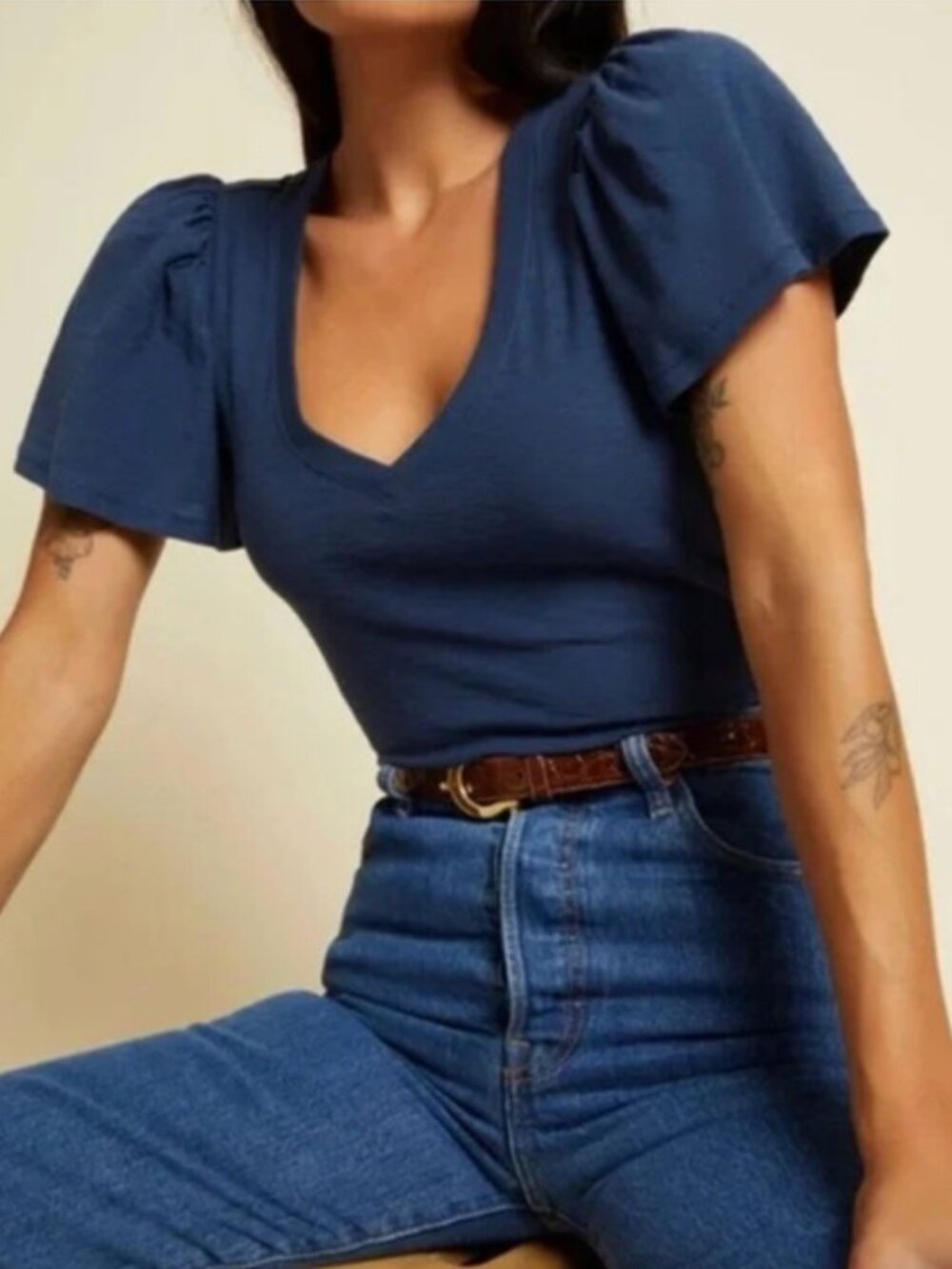Nation LTD Darcie Flutter Sleeve V Neck Tee Navy XS